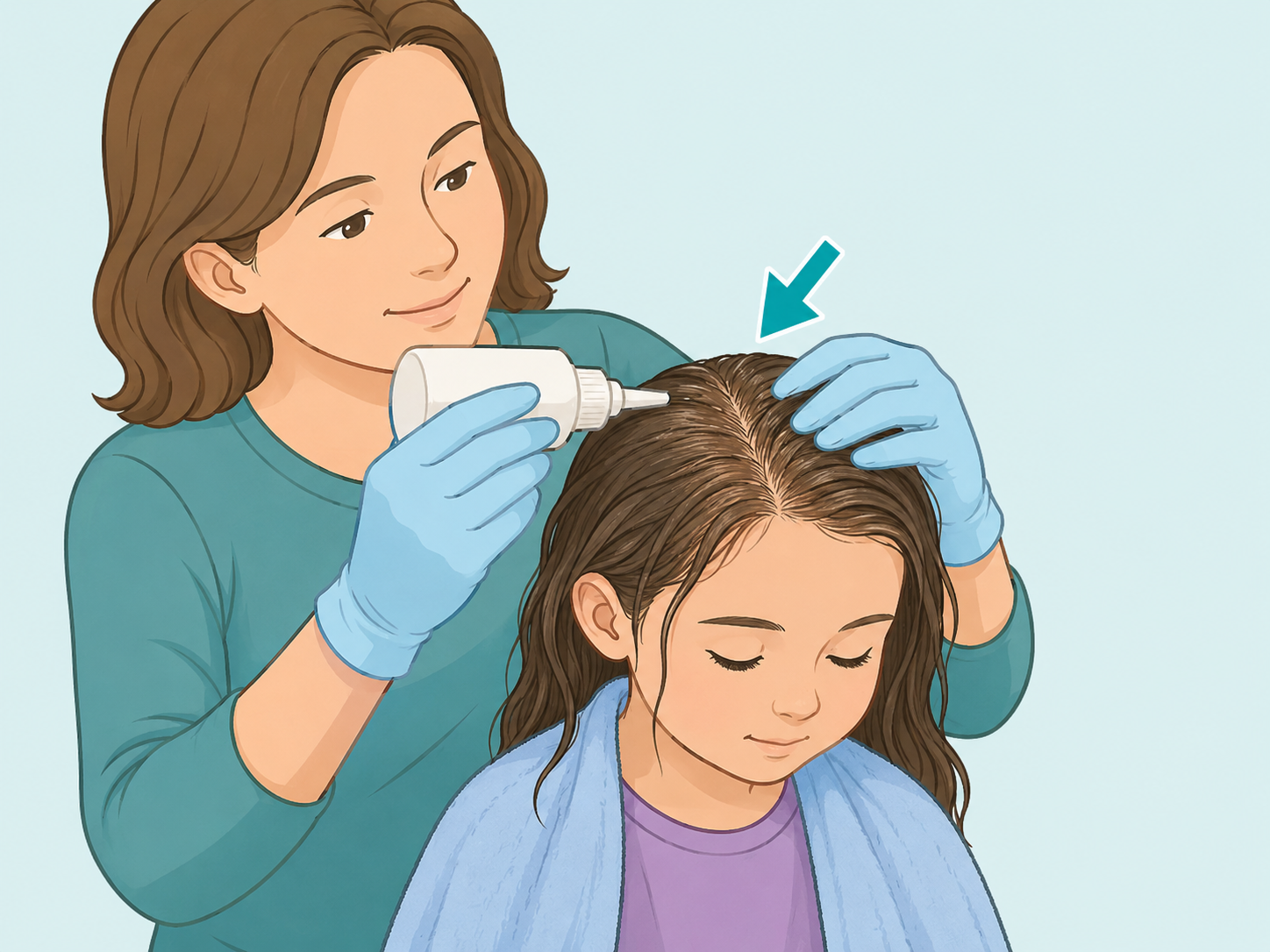 Parent applying head lice treatment carefully to a child's scalp.