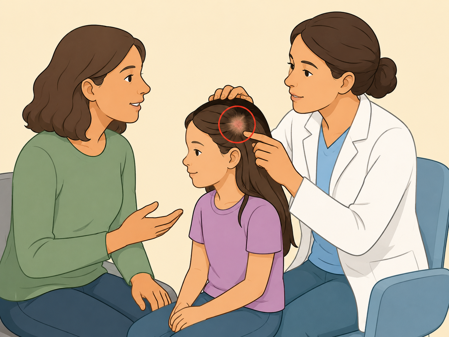 Parent asking a healthcare professional to check a child's irritated scalp.