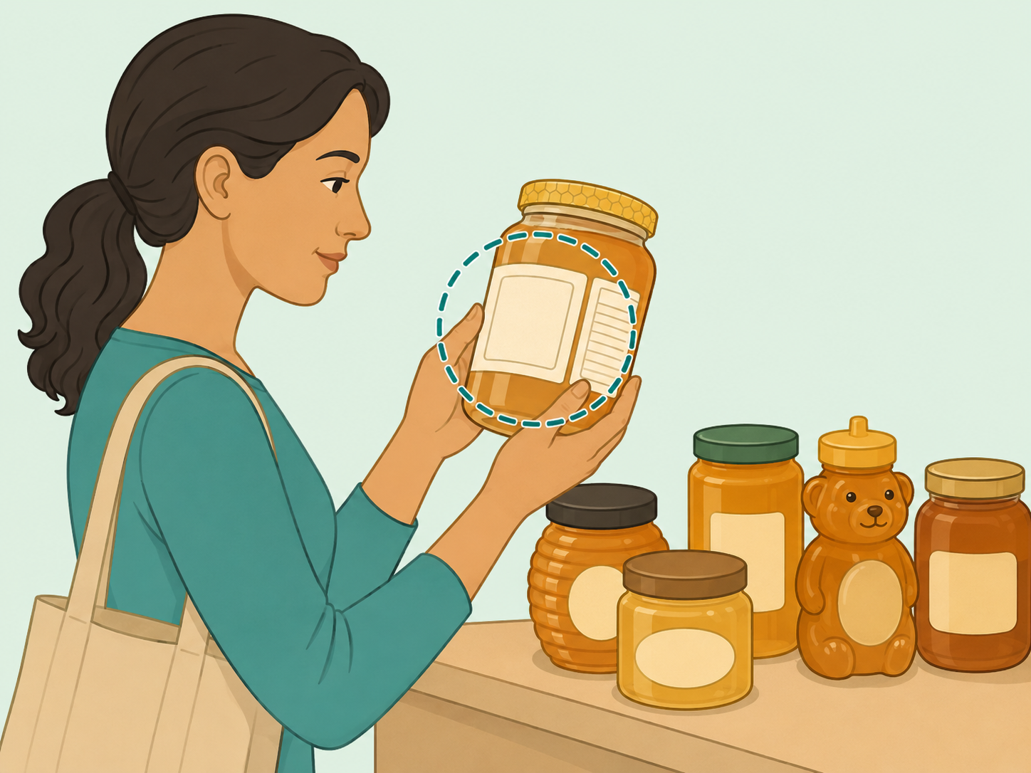 A shopper reading a honey jar label before buying it.