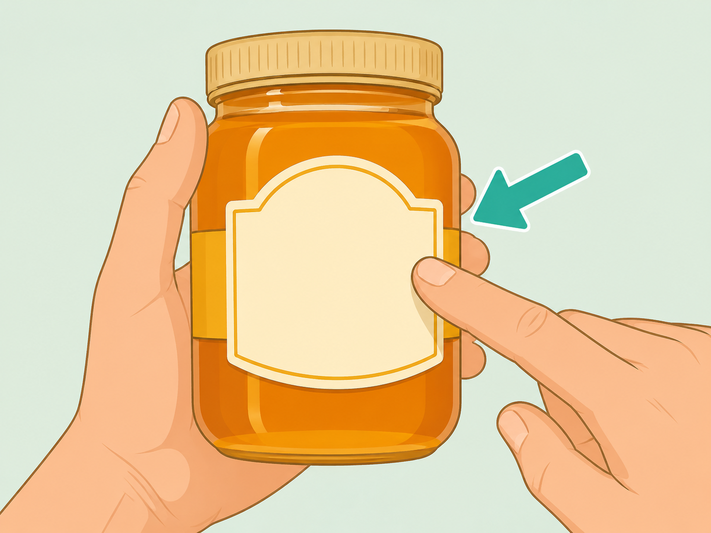 A hand checking the product name on a honey jar label.