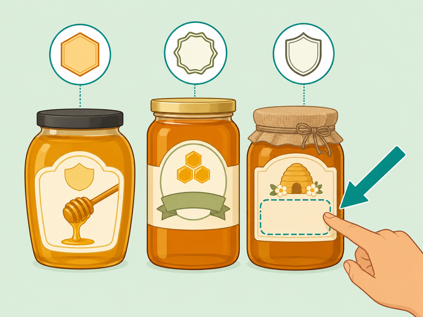 A person comparing quality and organic claims on honey jars.