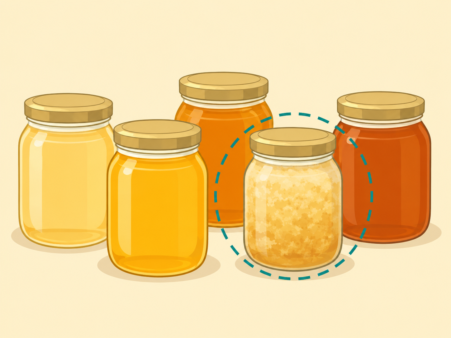 Different natural honey colors and one crystallized jar.