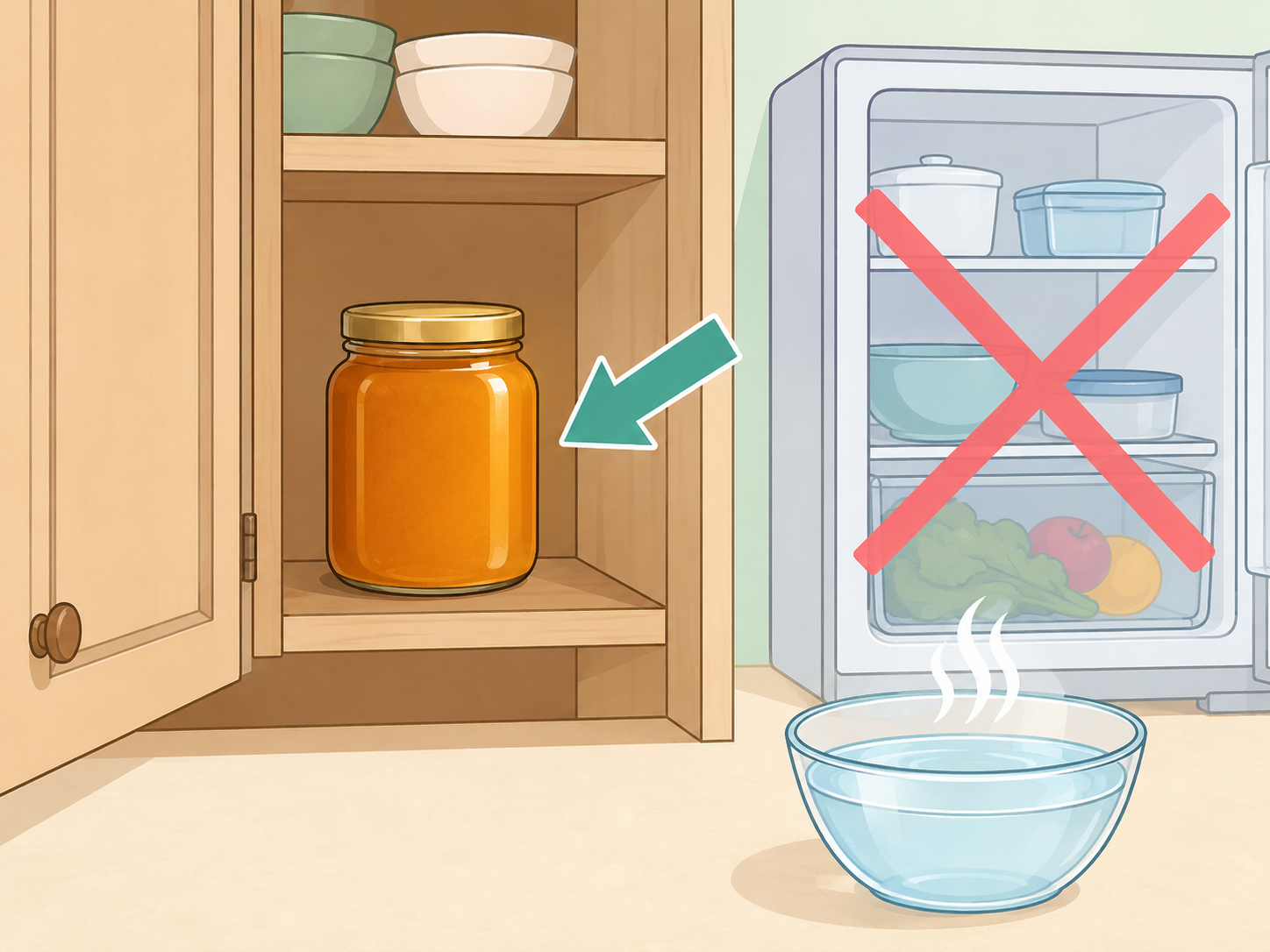 Honey stored tightly covered at room temperature.