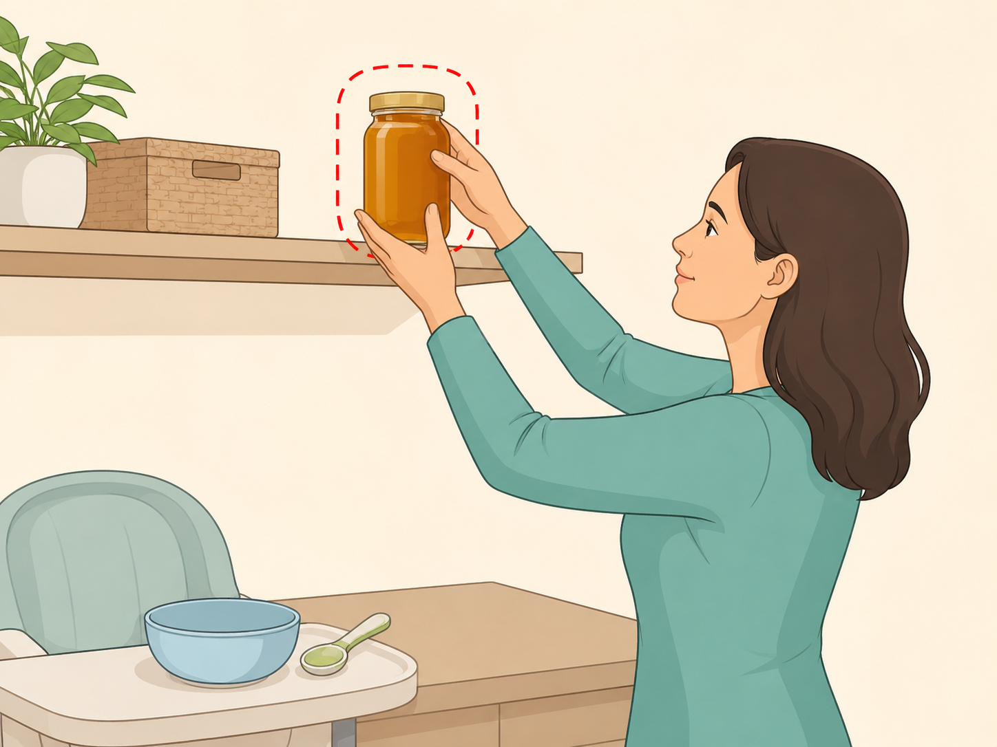 An adult keeping honey away from food for a baby.