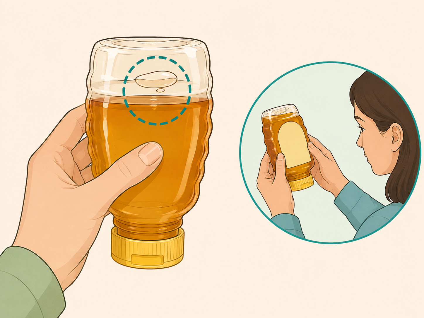 Illustration of a person flipping a honey bottle upside down to watch the air bubble.