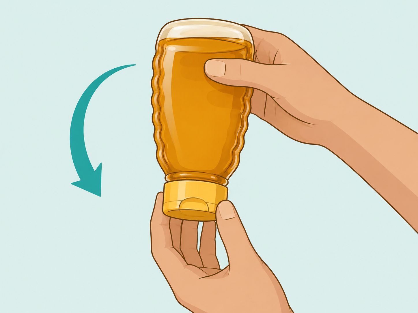 Hands flipping a closed honey bottle upside down.