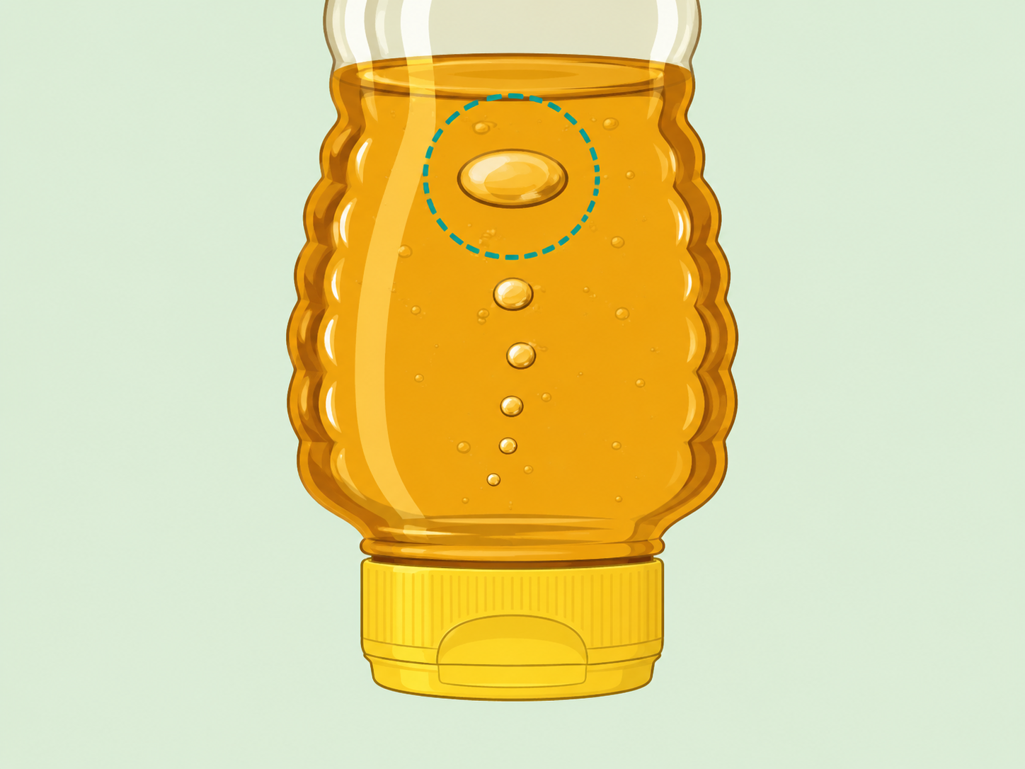 A slow air bubble moving through thick honey in an upside-down bottle.