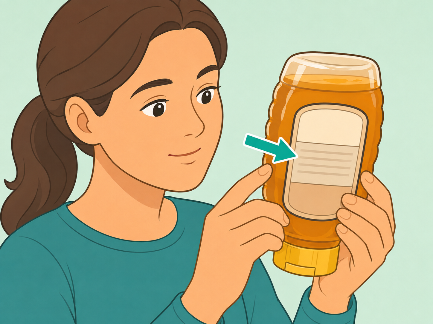 A person checking the ingredient area on a honey bottle.