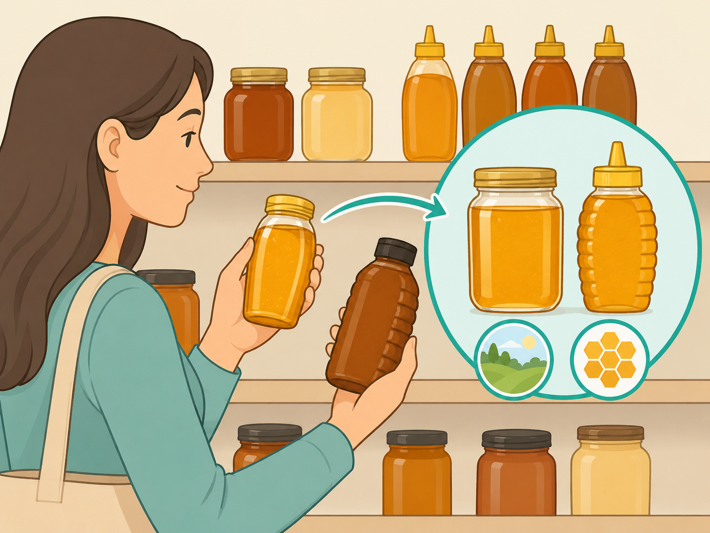 A shopper comparing honey bottles for trustworthy packaging and source details.
