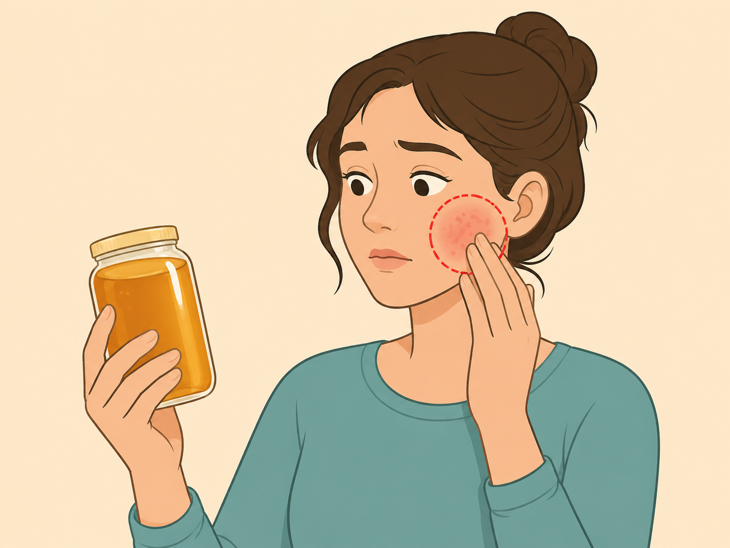 A person avoiding honey on irritated facial skin.