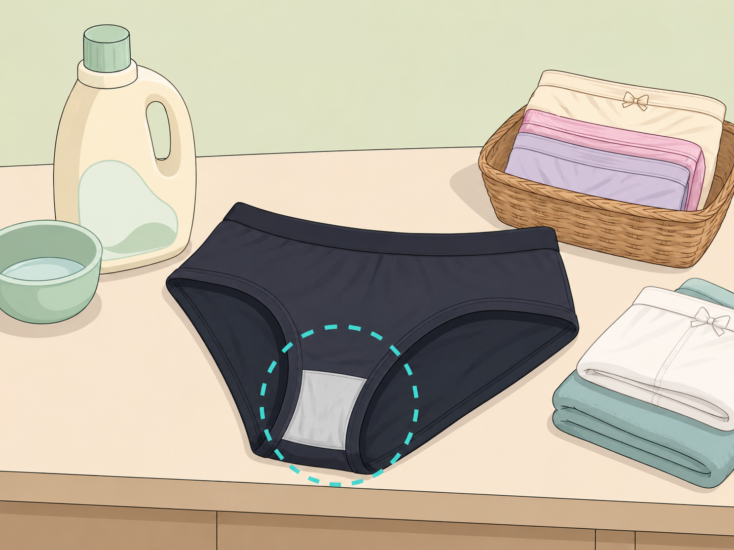 Illustration of underwear with a pale bleach-like patch and gentle laundry care items.