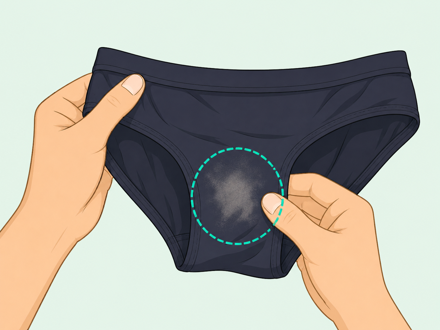 Hands inspecting a bleach-like faded patch on underwear.