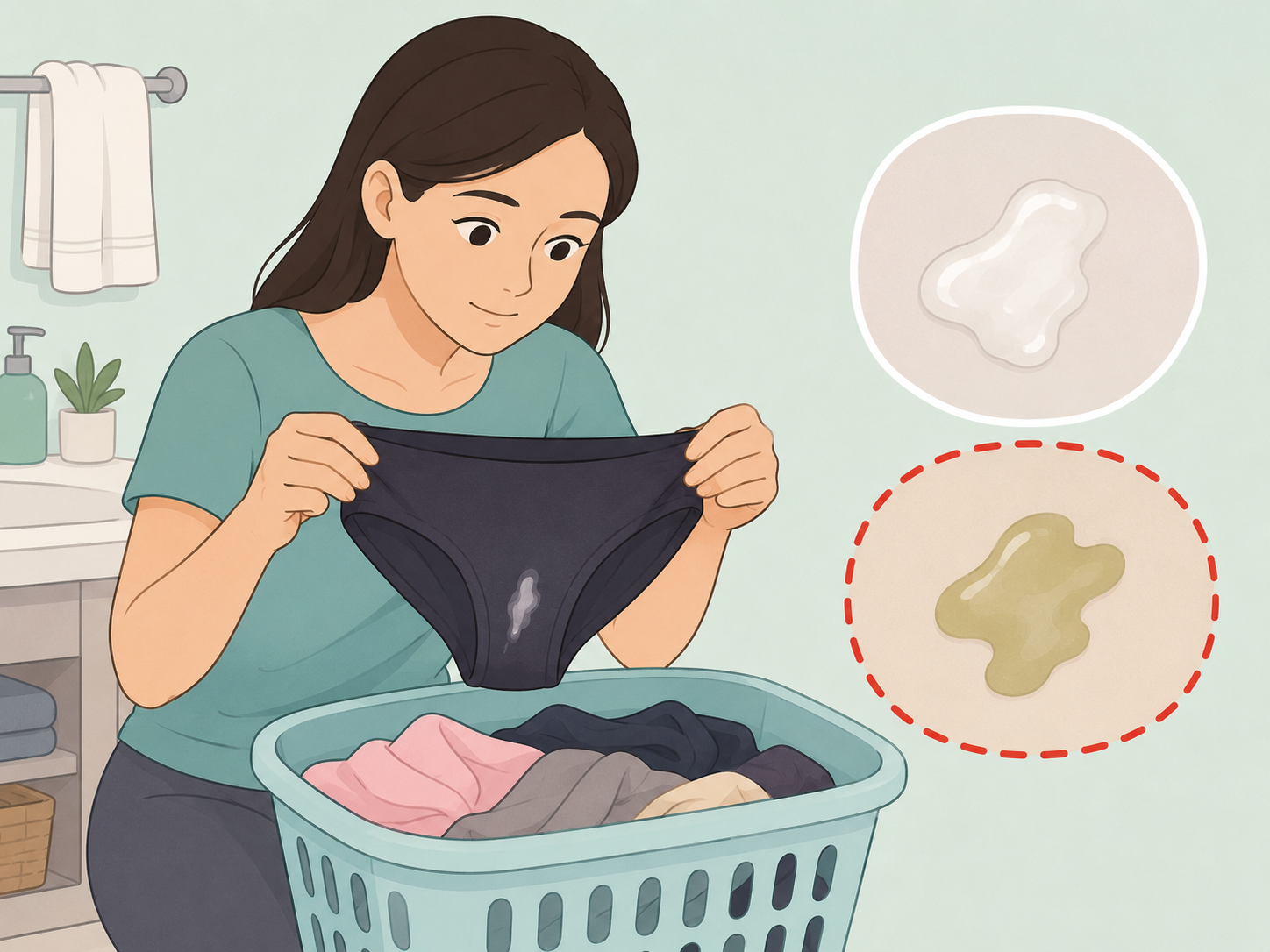 Person comparing a normal underwear mark with an unusual colored discharge mark.