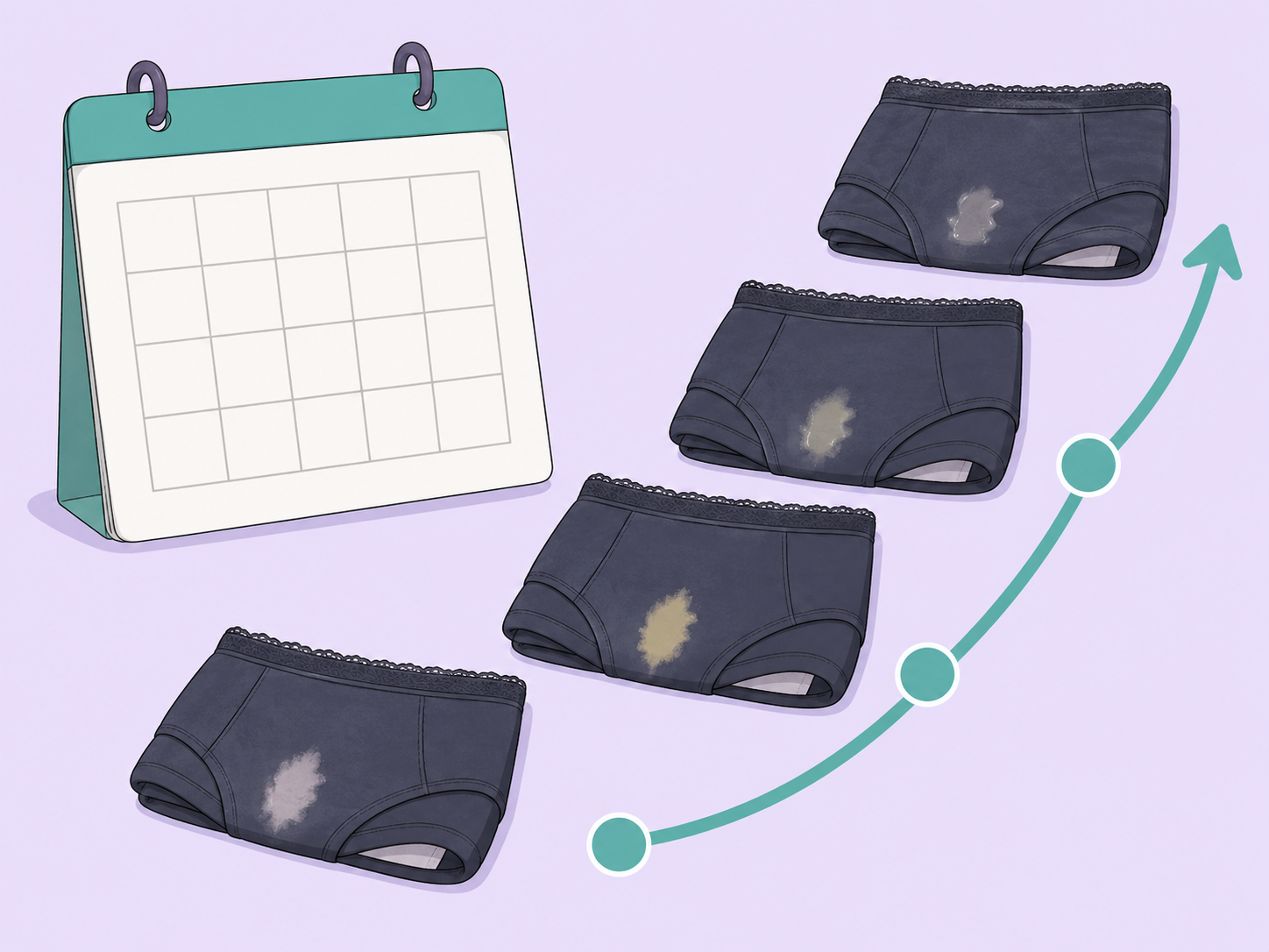 Illustration of noticing underwear stain patterns across a monthly cycle.