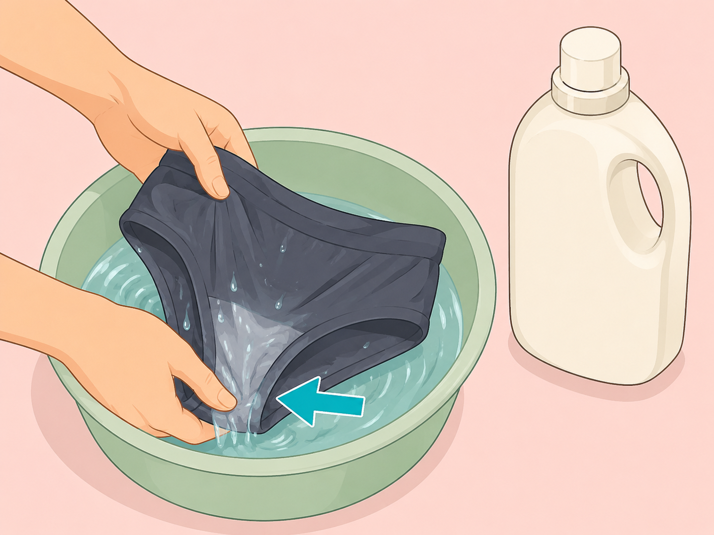 Hands gently rinsing underwear soon after wearing it.