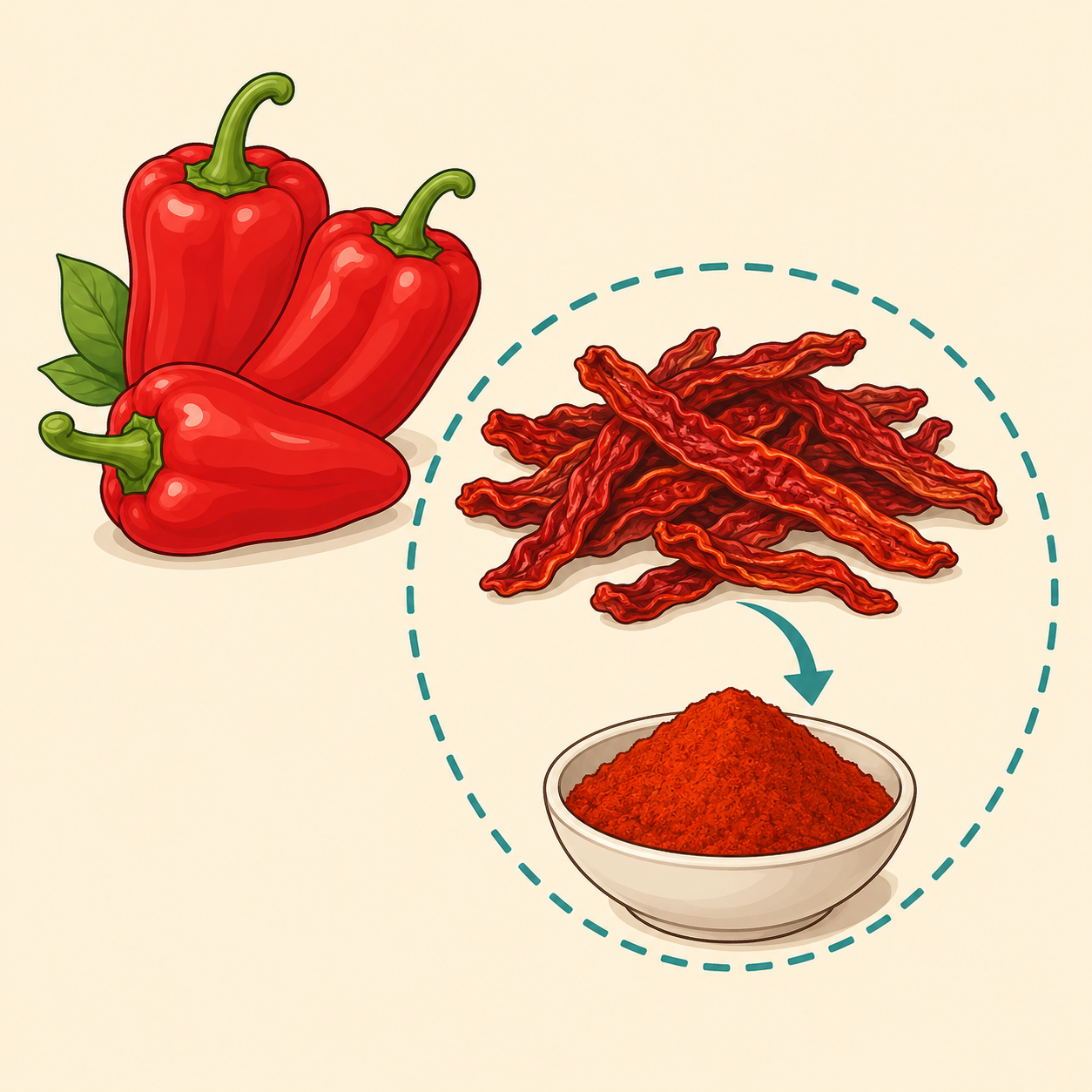 Illustration showing ripe red peppers, dried pepper pieces, and paprika powder.