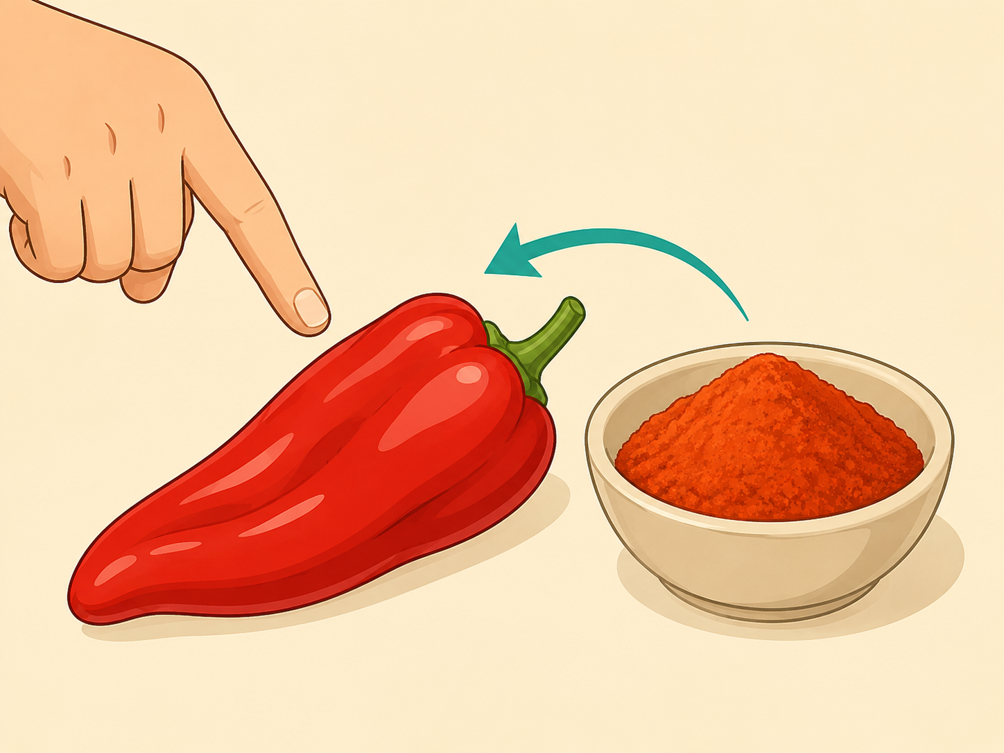 A hand identifying red pepper fruit as the source of paprika.