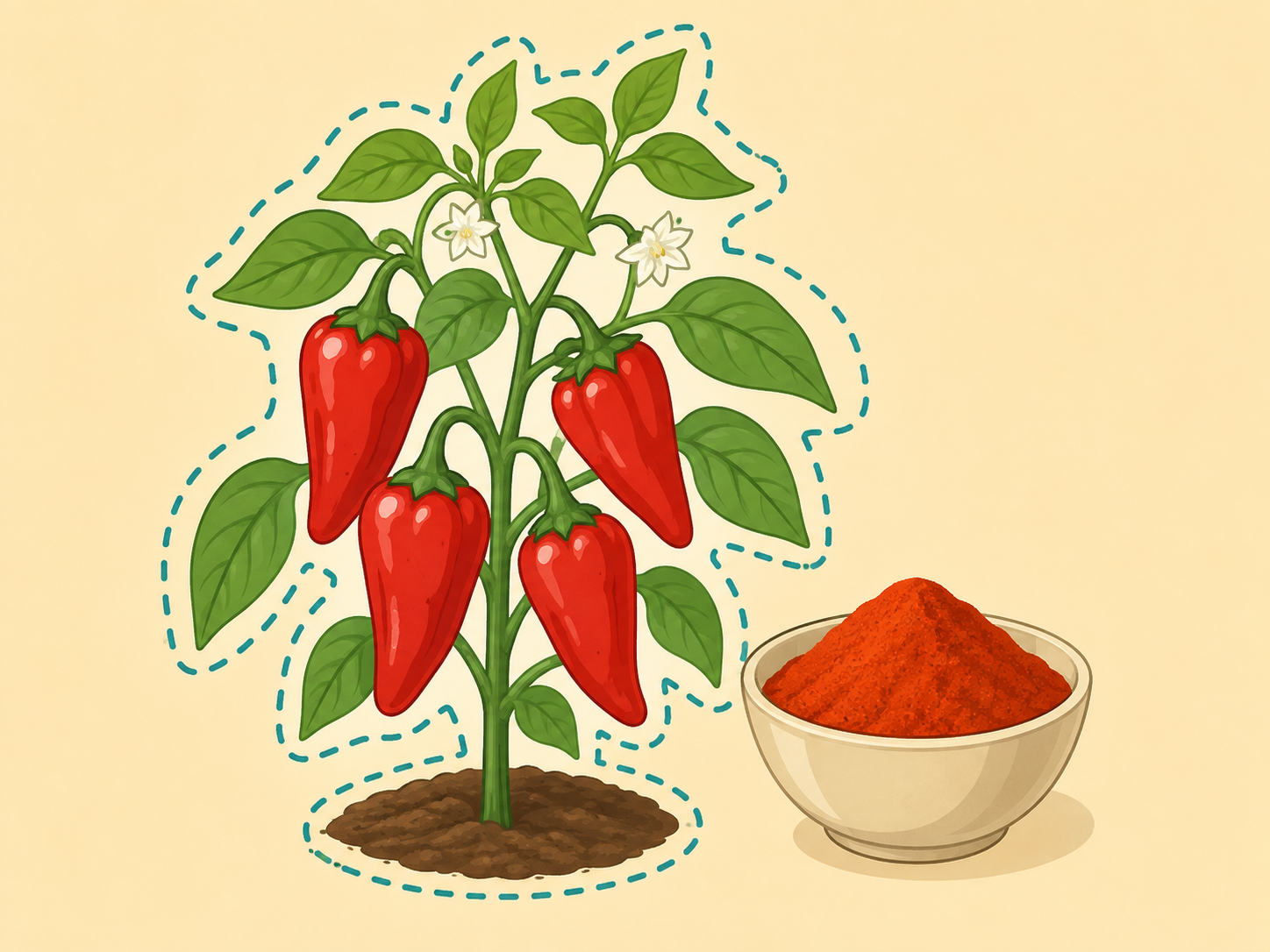 A pepper plant with ripe red peppers shown as the source plant for paprika.