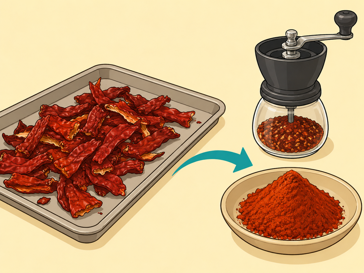 Dried red peppers being ground into paprika powder.
