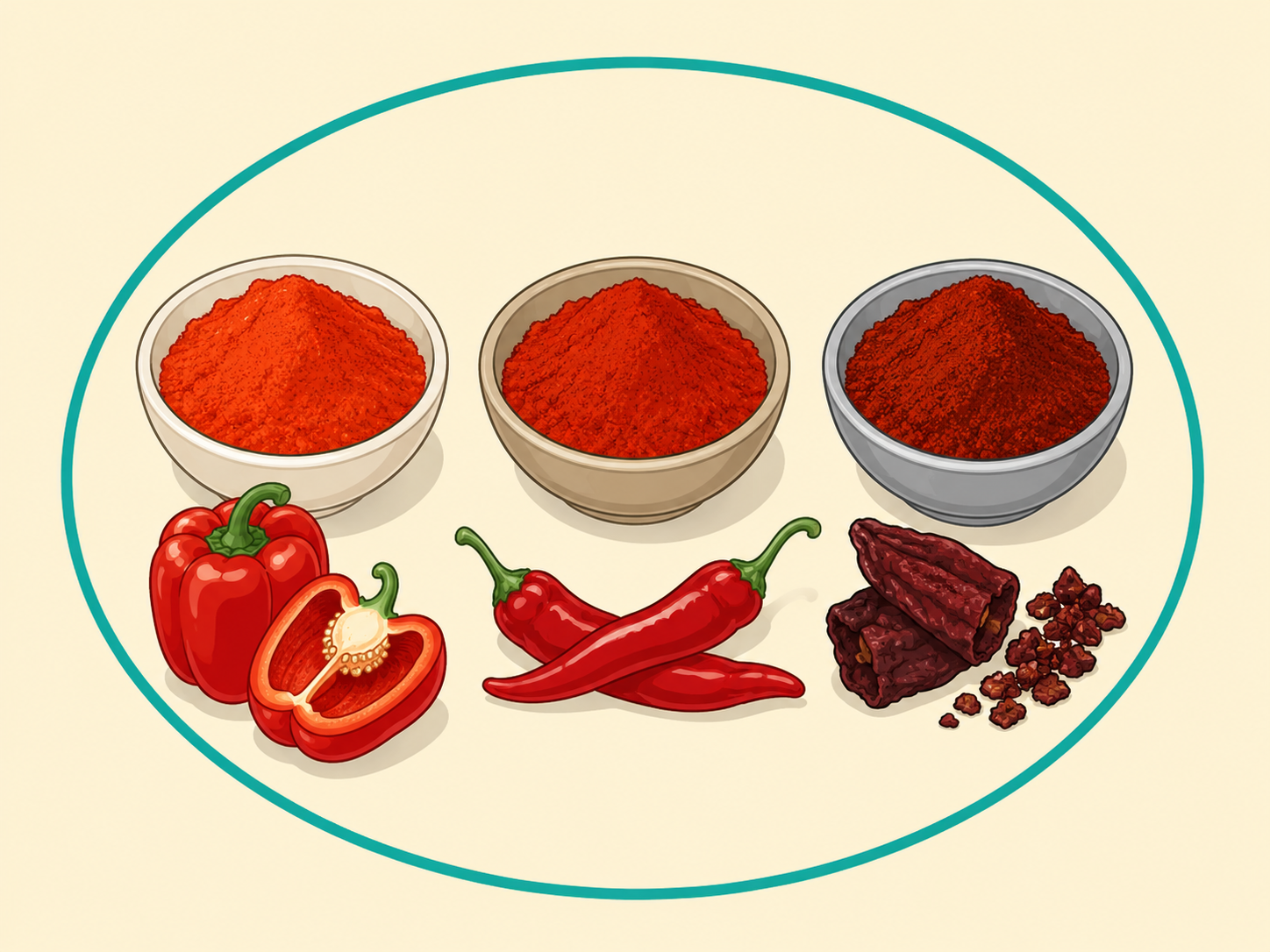 Three styles of paprika compared with different pepper ingredients.