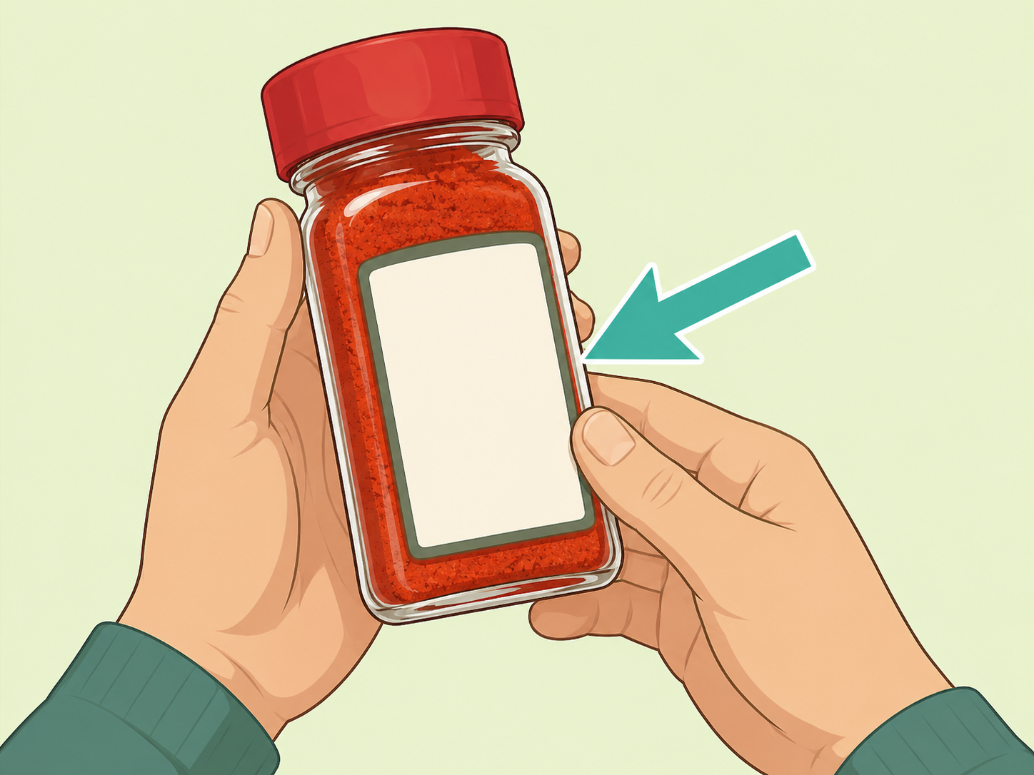 Hands checking the ingredient label on a paprika jar.