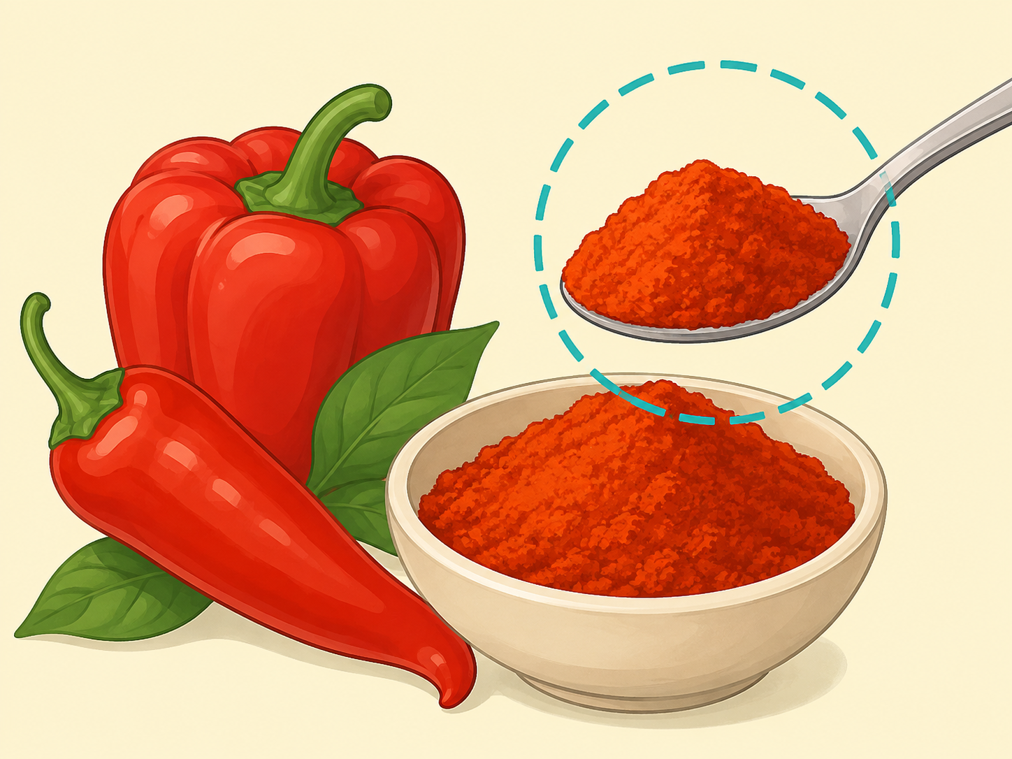 Bright red-orange paprika powder shown beside ripe red peppers.