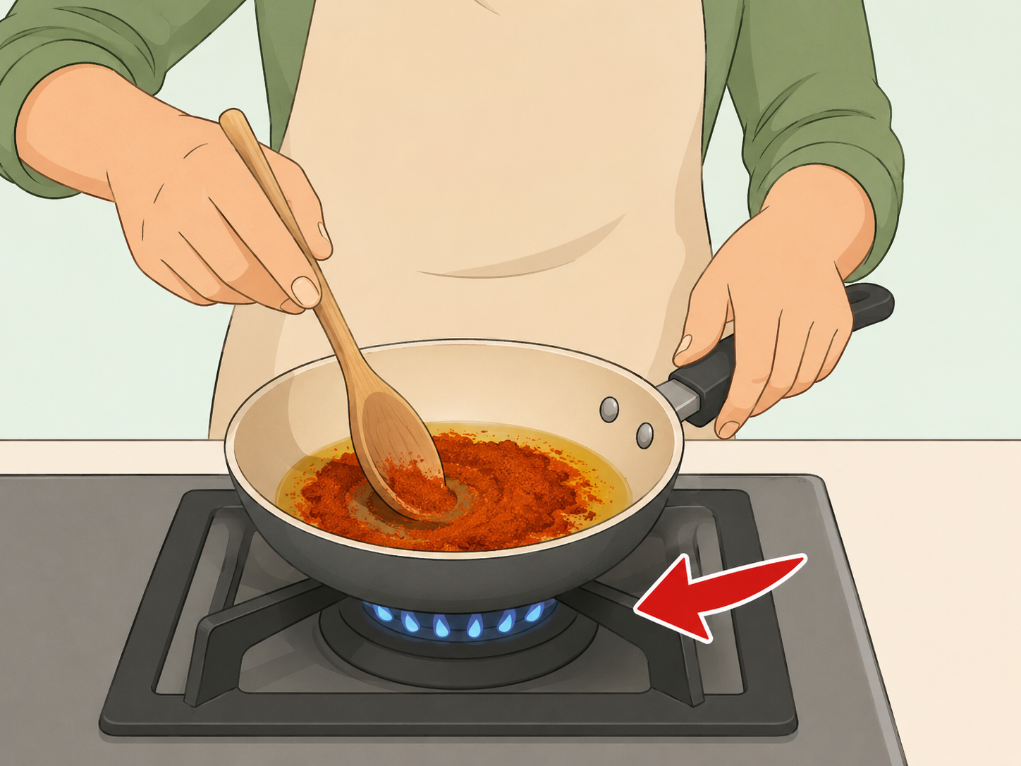 A cook gently heating paprika over low heat to avoid burning it.