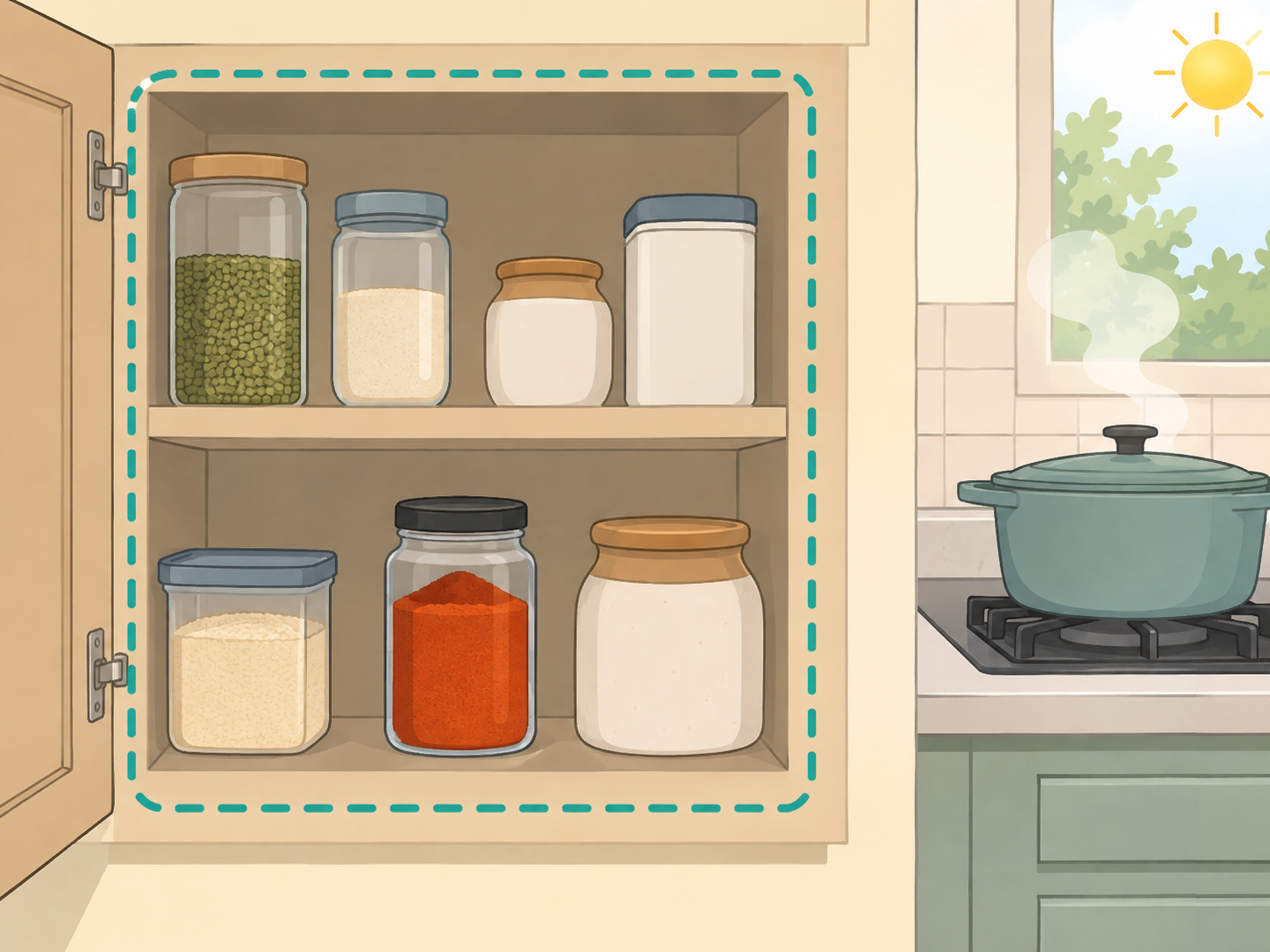 A paprika jar stored in a cool dry cabinet away from heat and moisture.