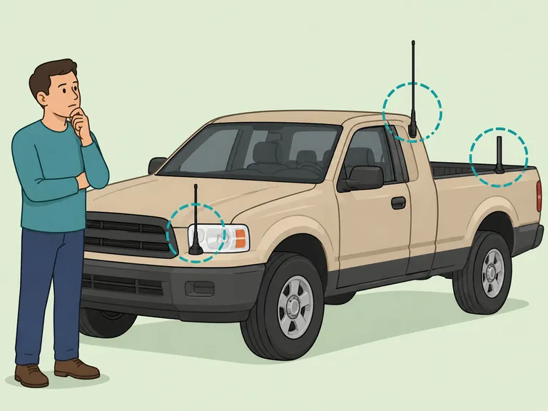 Person checking where a pole is mounted on a pickup truck.