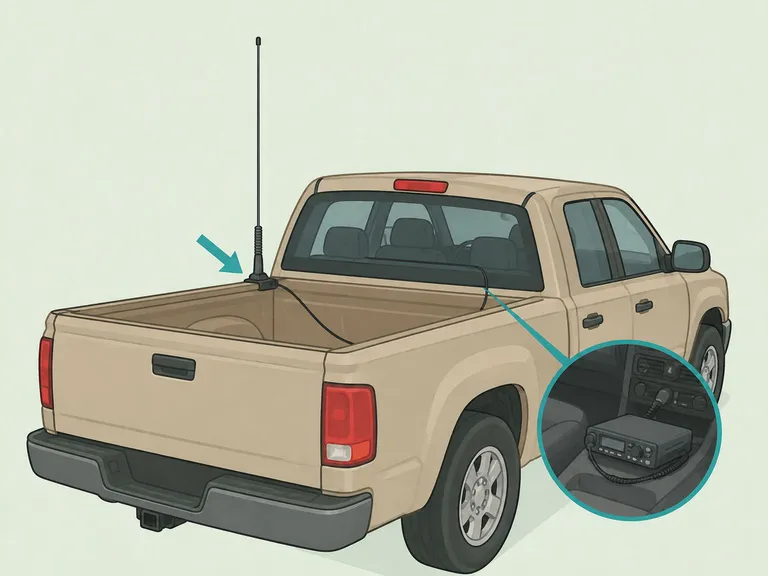 Pickup truck with a long radio antenna and cable highlighted.