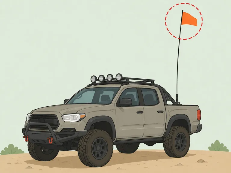Off-road pickup truck with a tall safety flag whip.