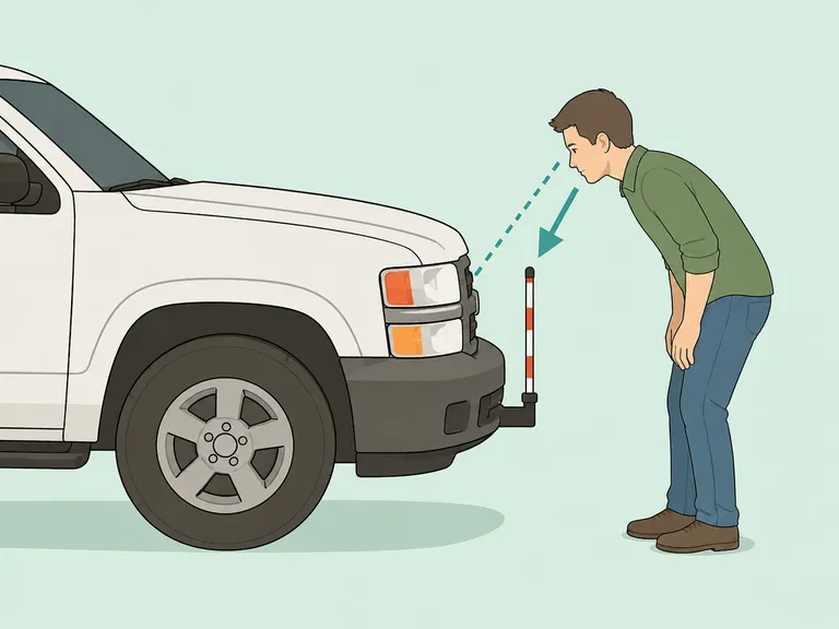 Driver using a front-corner parking guide pole on a pickup truck.