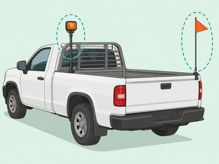 Utility pickup with pole-mounted work and safety attachments.