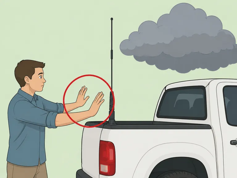 Person avoiding touching a truck pole during unsafe conditions.
