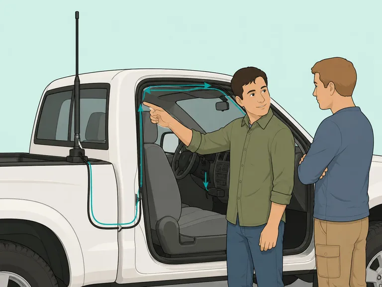 Owner explaining the cable path from a pickup truck pole.