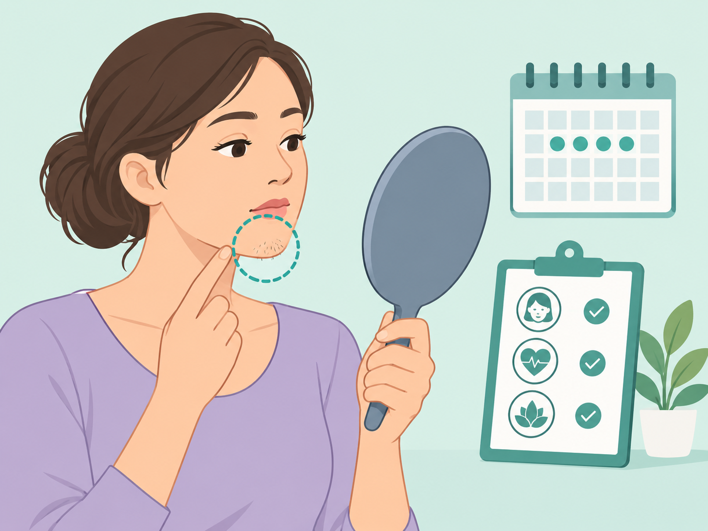 Woman checking chin hair in a mirror with a simple health checklist nearby.