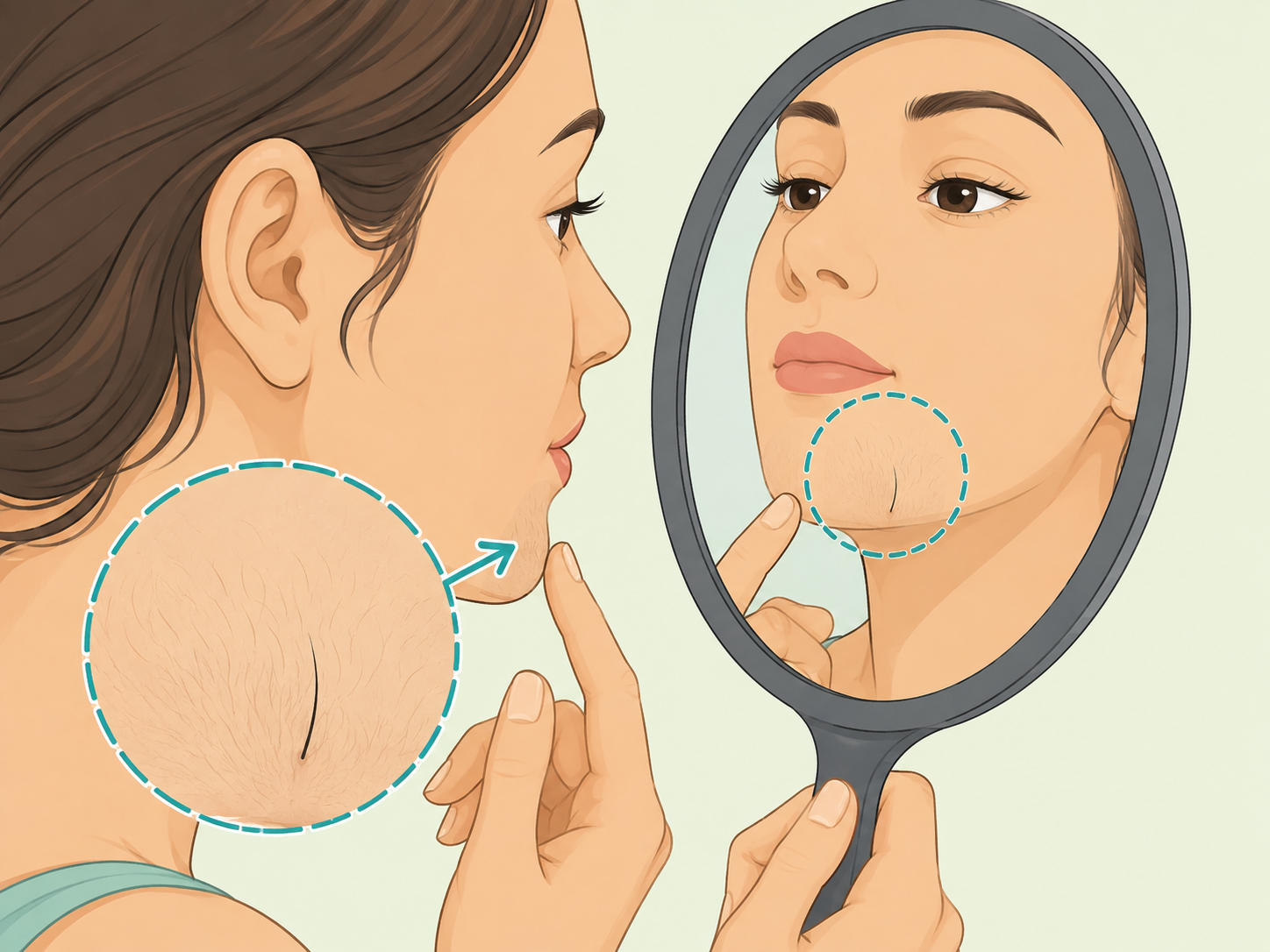 Woman checking whether chin hair is fine or coarse.
