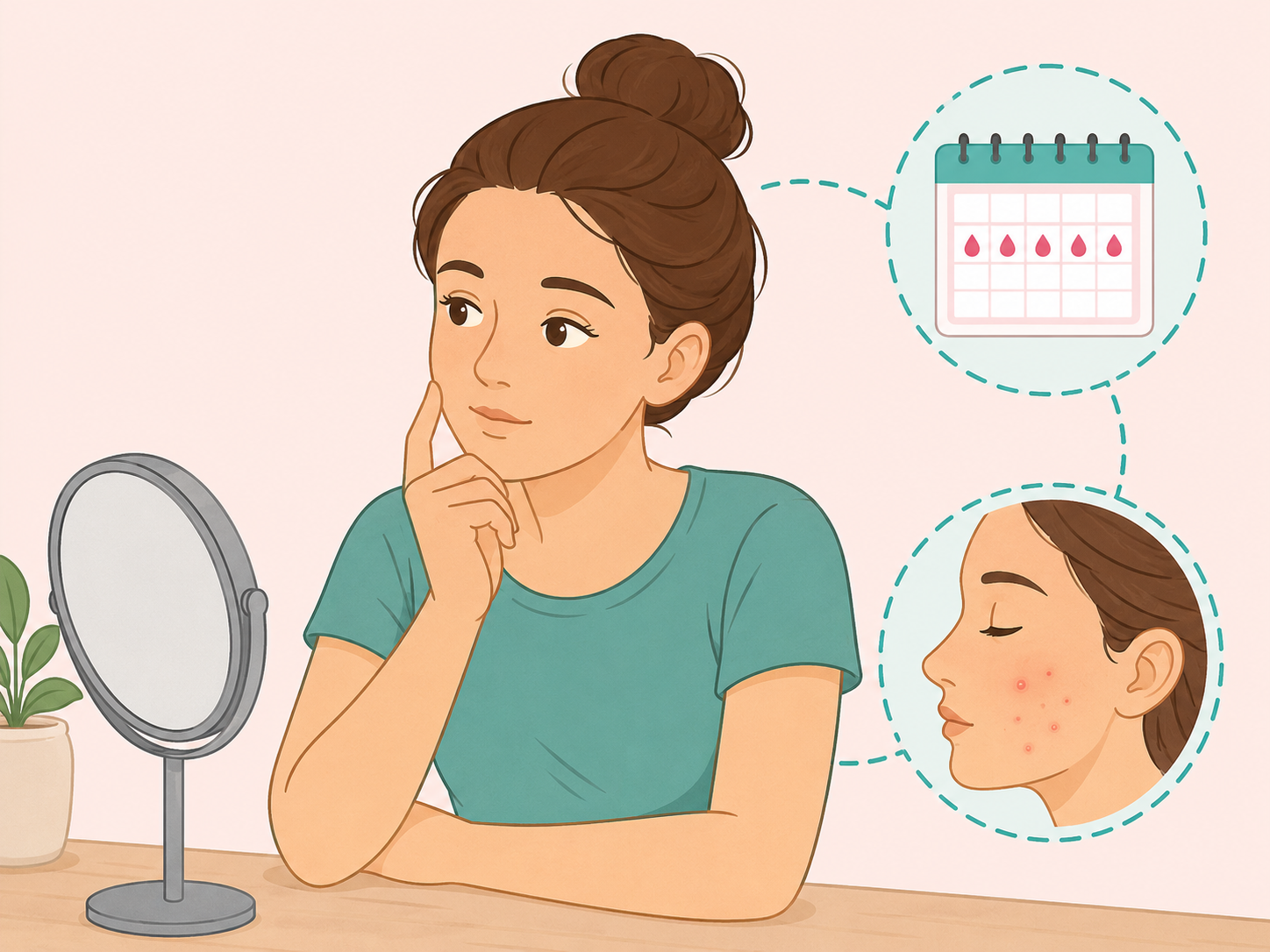 Woman noticing chin hair along with period changes and acne.