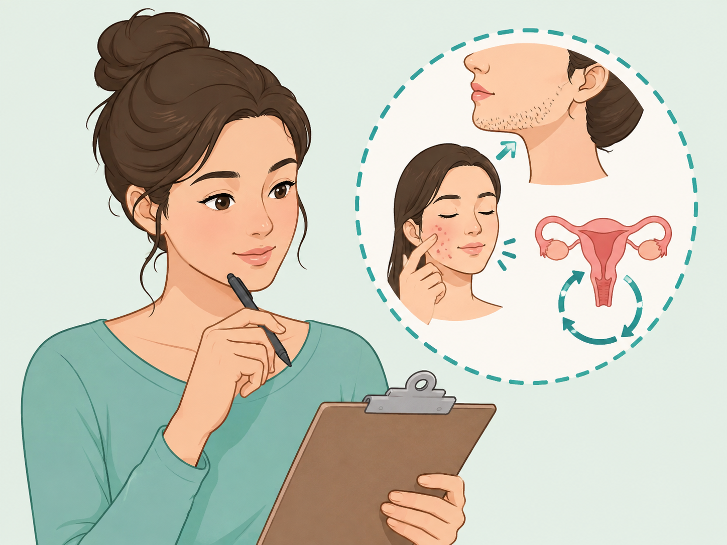 Woman considering whether chin hair fits a broader symptom pattern.
