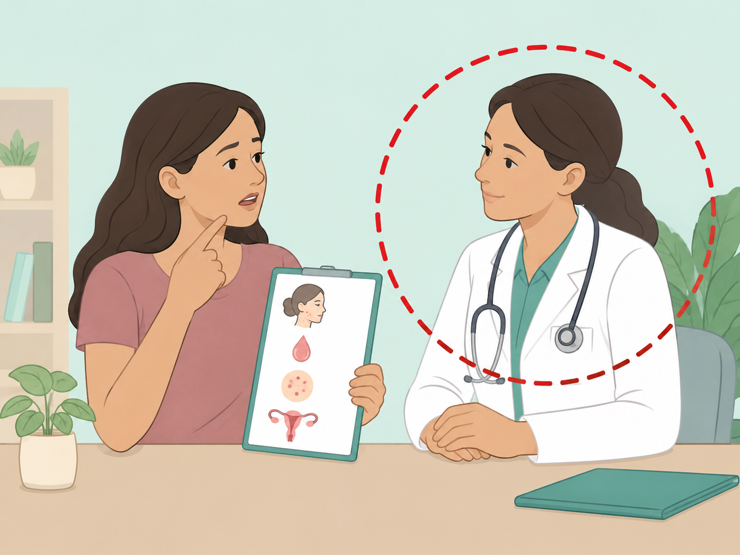 Woman seeing a doctor about sudden or severe chin hair changes.