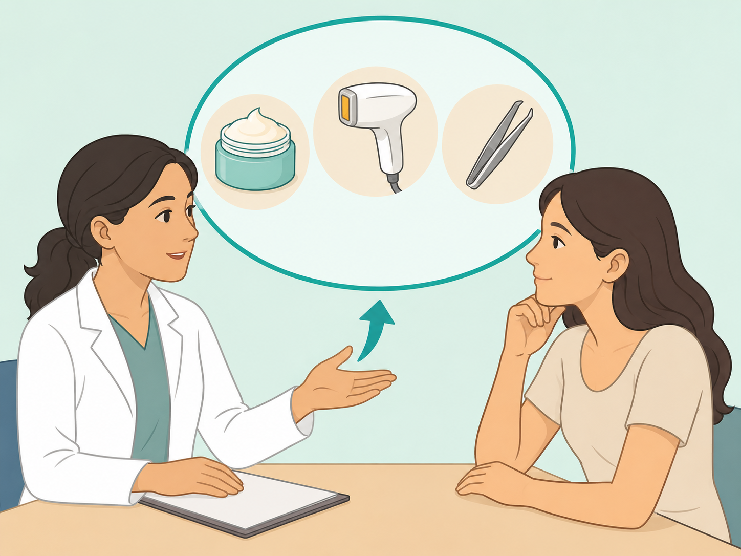 Woman discussing facial hair treatment options with a clinician.