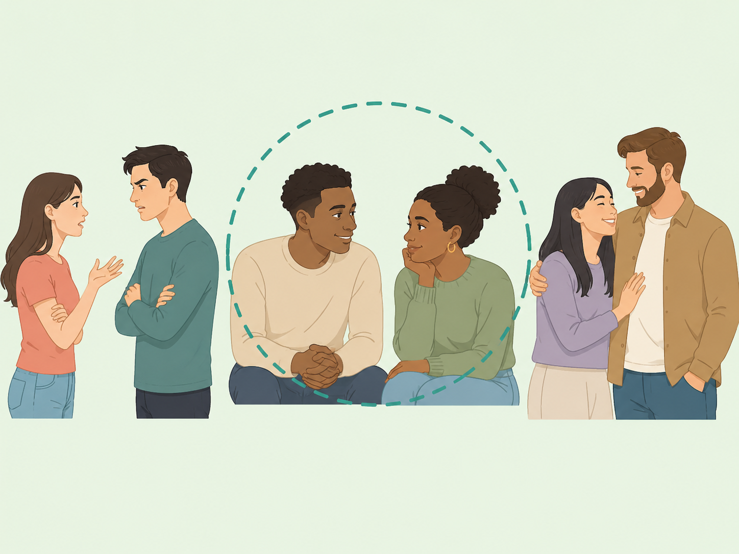 Illustration comparing couples, with a respectful listening couple highlighted as a sign of happiness.
