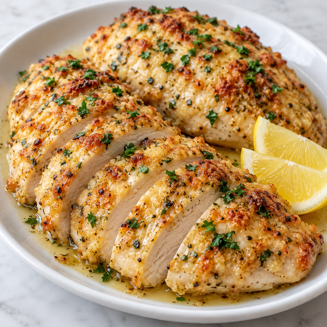Tender Chicken Delight with parsley and lemon on a white platter