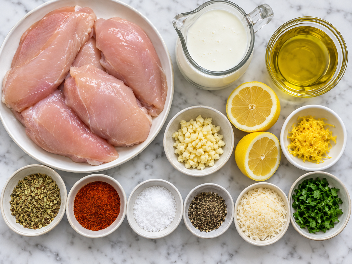 Ingredients for Tender Chicken Delight with buttermilk, lemon, garlic, and parsley