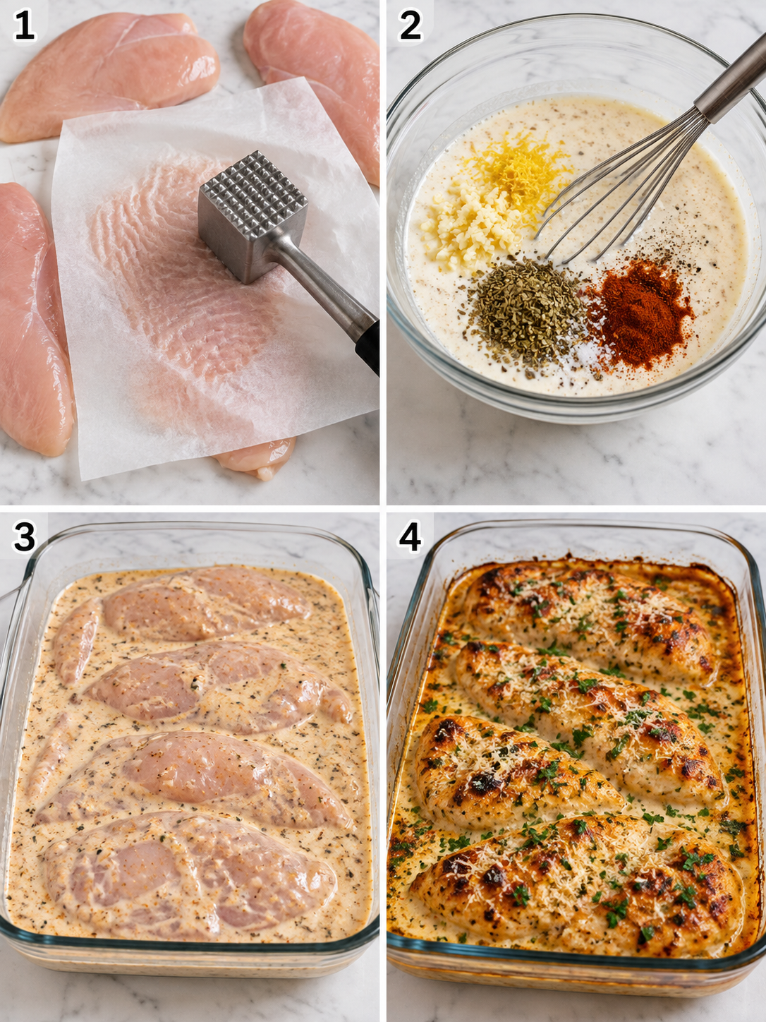 Steps for making Tender Chicken Delight from marinade to baked chicken