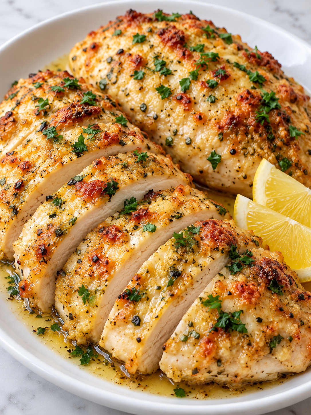 Sliced Tender Chicken Delight with Parmesan, parsley, and lemon wedges