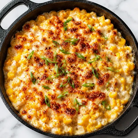 Korean corn cheese in a cast-iron skillet with scallions and melted mozzarella