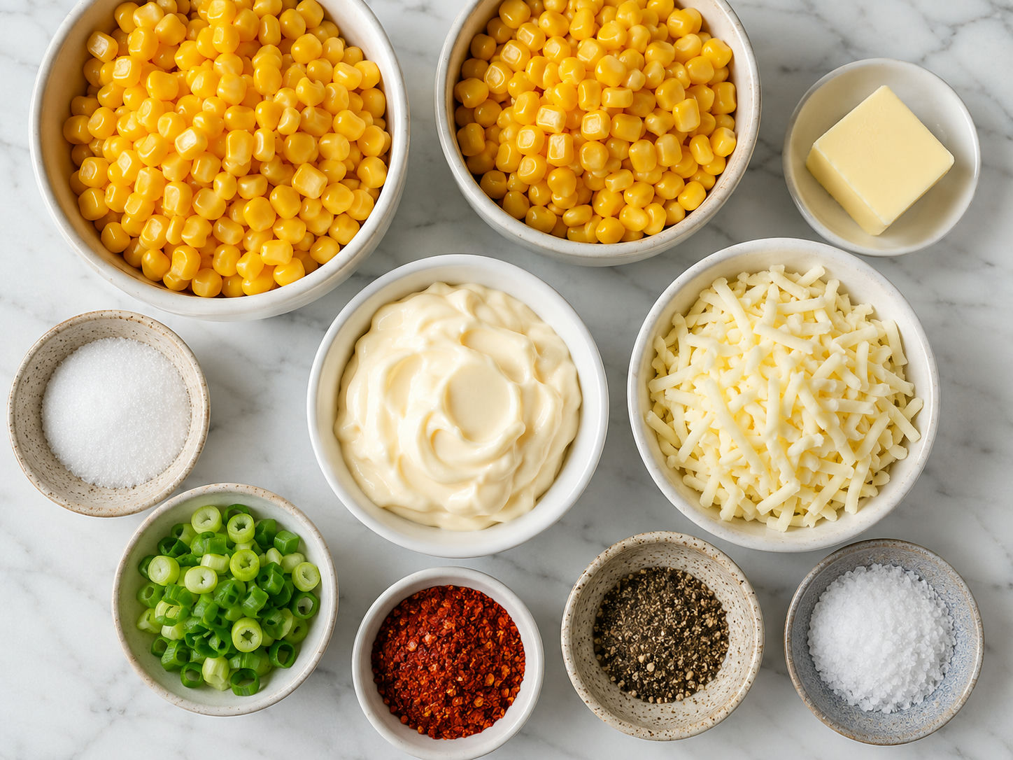 Ingredients for Korean corn cheese with corn, mozzarella, mayo, and scallions