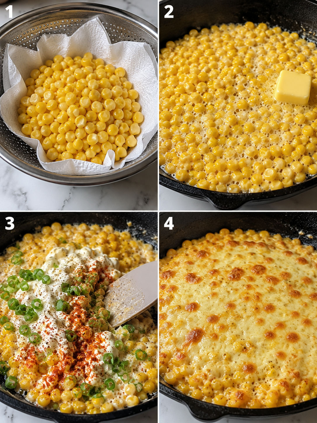 Four cooking steps for Korean corn cheese from draining corn to broiling cheese