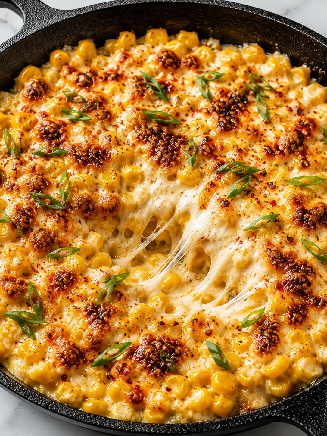 Melty Korean corn cheese with browned mozzarella and scallions in a skillet
